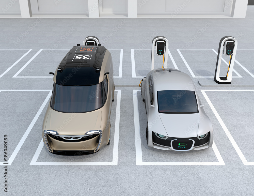 Poster front view of electric sedan and minivan charging at charging station. 3d rendering image.