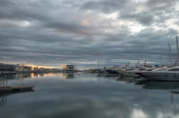Valencia harbor, port twilight, reflection in water wide angle, panoramic