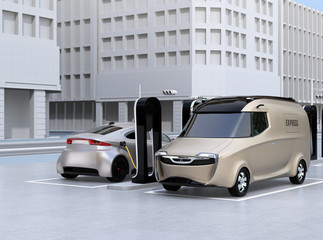 Fototapeta na wymiar Electric delivery minivan and silver sedan charging at charging station. 3D rendering image.