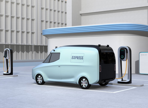 Electric delivery van charging at charging station. 3D rendering image.