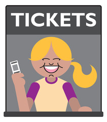 A very cheery female in a ticket booth is making a sale