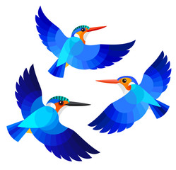 Stylized Birds - Malachite Kingfisher, White-bellied Kingfisher and Malagasy Kingfisher in flight