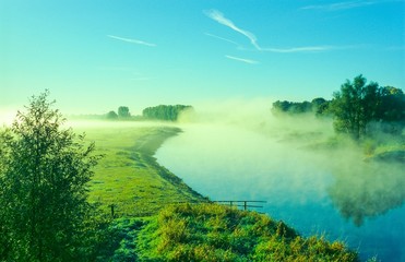 Obraz na płótnie Canvas Herbstlicher Morgen mit Frühnebel an dem Fluss Aller bei Rethem, Bäume, Wiesen, Allertal, Niedersachsen, Deutschland, Europa