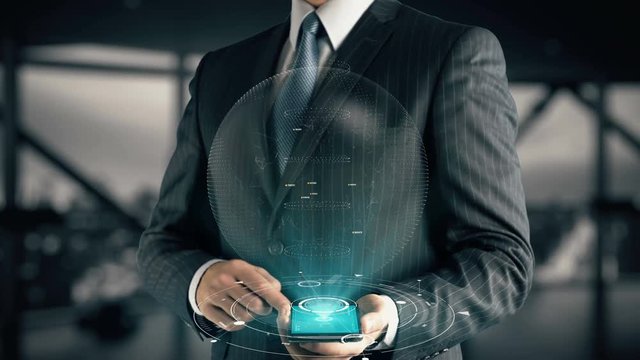 Businessman with Information age hologram concept