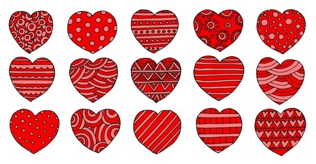 Hand drawn red hearts vector doodle icons for love, Valentines Day and wedding cards. For your design.