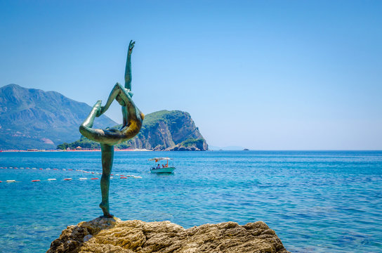 View of  Statue of Ballet Dancer adn island, Montenegro