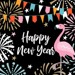 Happy New Year greeting card, invitation with hand drawn fireworks, flags and flamingo bird. Birthday party decoration. Vector illustration background.