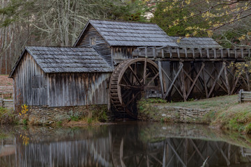 Old Grist Mill and lake on Blue Ridge Parkway