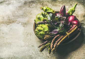 Green and purple vegetables on plate over concrete background, selective focus, copy space. Local produce for healthy cooking. Eggplans, beans, kale, asparagus, onions, artichoke, basil. Clean eating