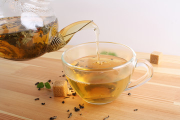 tea cup teapot wooden background