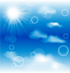 Sky with clouds and radiating sun background