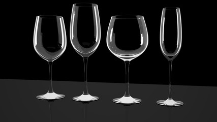 Diferrent wine glasses on shiny a desk.

Clean and shiny empty cleaner glasses on the shiny desk. Beautiful design.