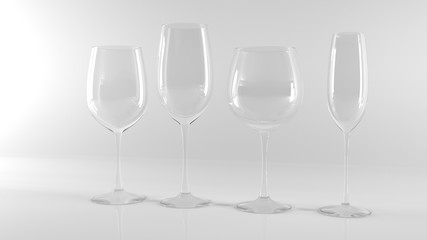 Diferrent wine glasses on white background.

Clean and shiny empty cleaner glasses on white shine background. Beautiful design.