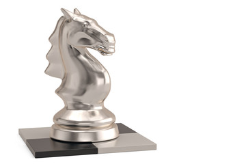 The silver knight chess piece on checkerboard.3D illustration.