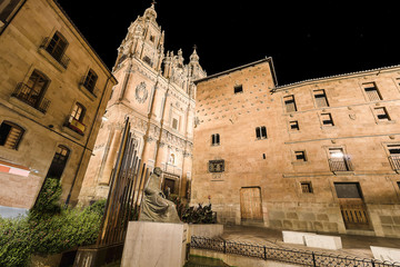 Facade of Casa de las Conchas in Salamanca at night, Spain, cove