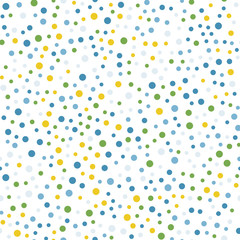 Colorful polka dots seamless pattern on black 12 background. Nice classic colorful polka dots textile pattern. Seamless scattered confetti fall chaotic decor. Abstract vector illustration.