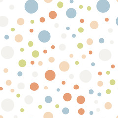 Colorful polka dots seamless pattern on white 11 background. Delightful classic colorful polka dots textile pattern. Seamless scattered confetti fall chaotic decor. Abstract vector illustration.