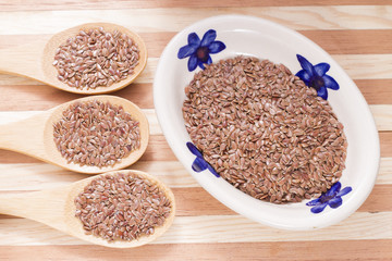 Flax seeds in spoon on kitchen table