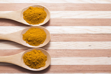 Turmeric powder with spoon on wood background (curcuma longa)