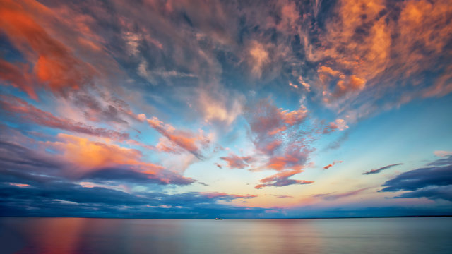 Beautiful Sunset at Lake Superior with Boat © Like