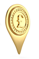 Gold British Pound pin icon on white backgroun.3D illustration.