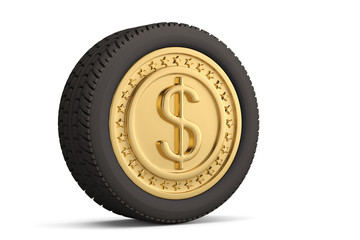 Gold dollar coin tires on white background.3D illustration.