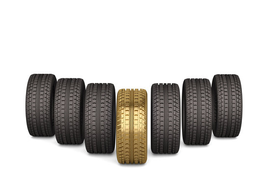 Golden and rubber tires on white background.3D illustration.