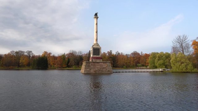 The Chesme column on the Big pond of the october evening. Tsarskoye Selo