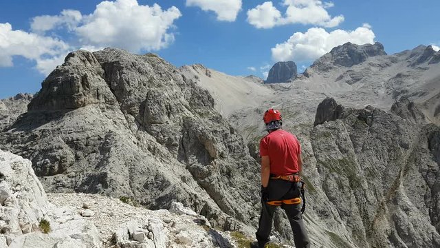  Mountaineer arrived on the summit of the Vecio del Forame Peak, Dolomites