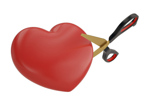 Scissors and heart on white background 3D illustration.