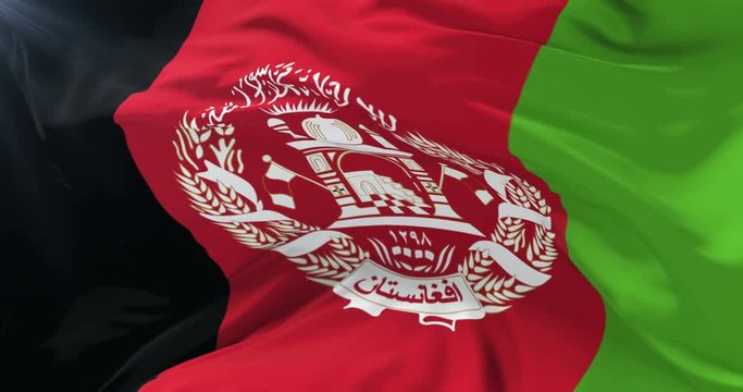 Afghanistan flag waving at wind in slow with blue sky, loop