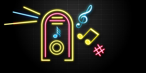 Fototapeta na wymiar Vector realistic isolated neon sign of jukebox for decoration and covering on the wall background. Concept of music, dj and concert. Vector realistic isolated neon retro sign of vinyl and notes.