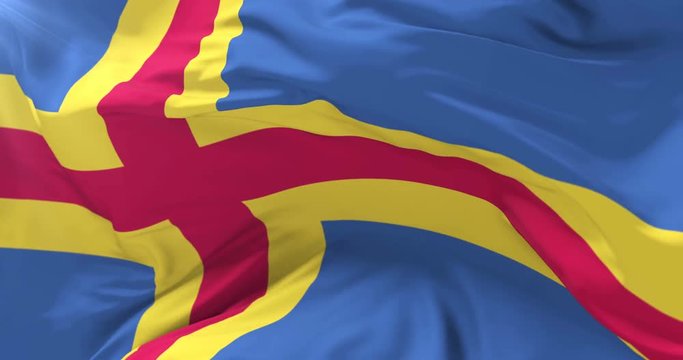 Aland Islands Flag waving at wind in slow with blue sky, loop