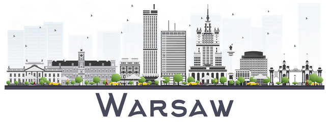 Naklejka premium Warszawa Polska panoramę miasta z szare budynki na białym tle.