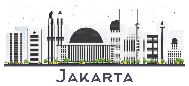 Jakarta Indonesia City Skyline with Gray Buildings Isolated on White Background.