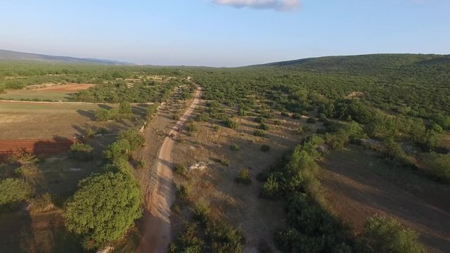 Drone shot of dune buggies driving on offroad on a dirt road next to fields
