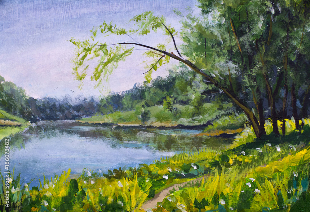 Wall mural oil painting - summer landscape, blue river, sunny beach, green trees, rustic nature