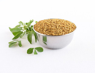 Methi or fenugreek seeds in a steel bowl and in the background are methi leaves.