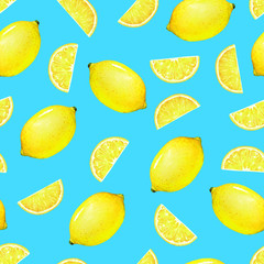 Seamless pattern with watercolor hand drawn lemons on colorful background.
