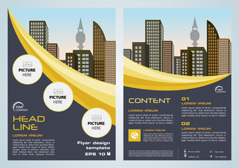 Vector flyer, corporate business, annual report, brochure design and cover presentation with dark blue and yellow lines.
