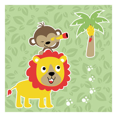 funny animals cartoon on leaves background