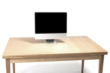 computer on the wood desk isolated on the white background.