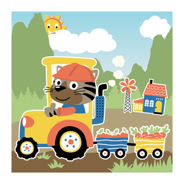 cartoon animal on tractor with harvest