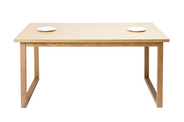 Fototapeta premium wood table with empty dish isolated on the white background