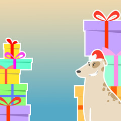 Celebratory background with dog in hat and mountain of gifts, vector