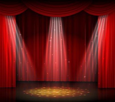 Empty stage with red curtain and spotlight on wooden floor
