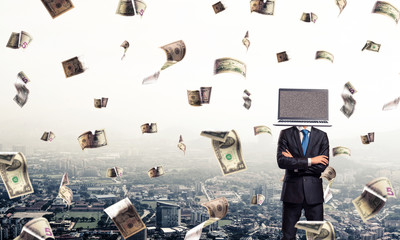 Businessman with laptop instead of head.