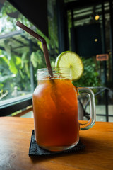 Lemon tea in glass jar.