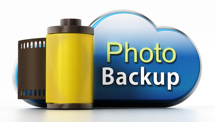 Cloud symbol with backup text and film strip. 3D illustration