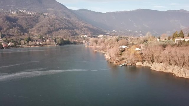 Endine lake, Bergamo, Italy. Drone aerial view of the frozen lake